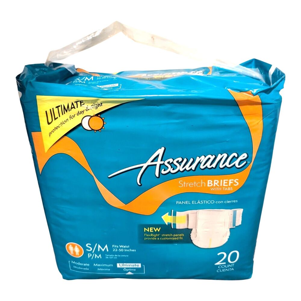Assurance Stretch Briefs with Tabs Ultimate Absorbency S/M 20 Count New